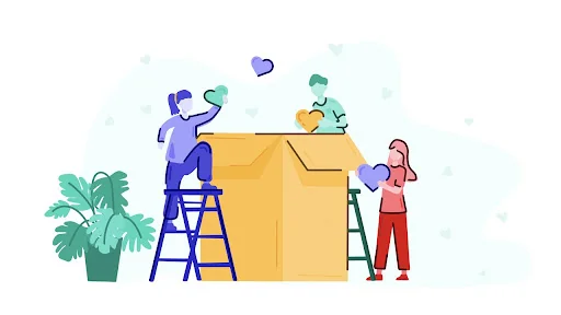 People working together around a donation box